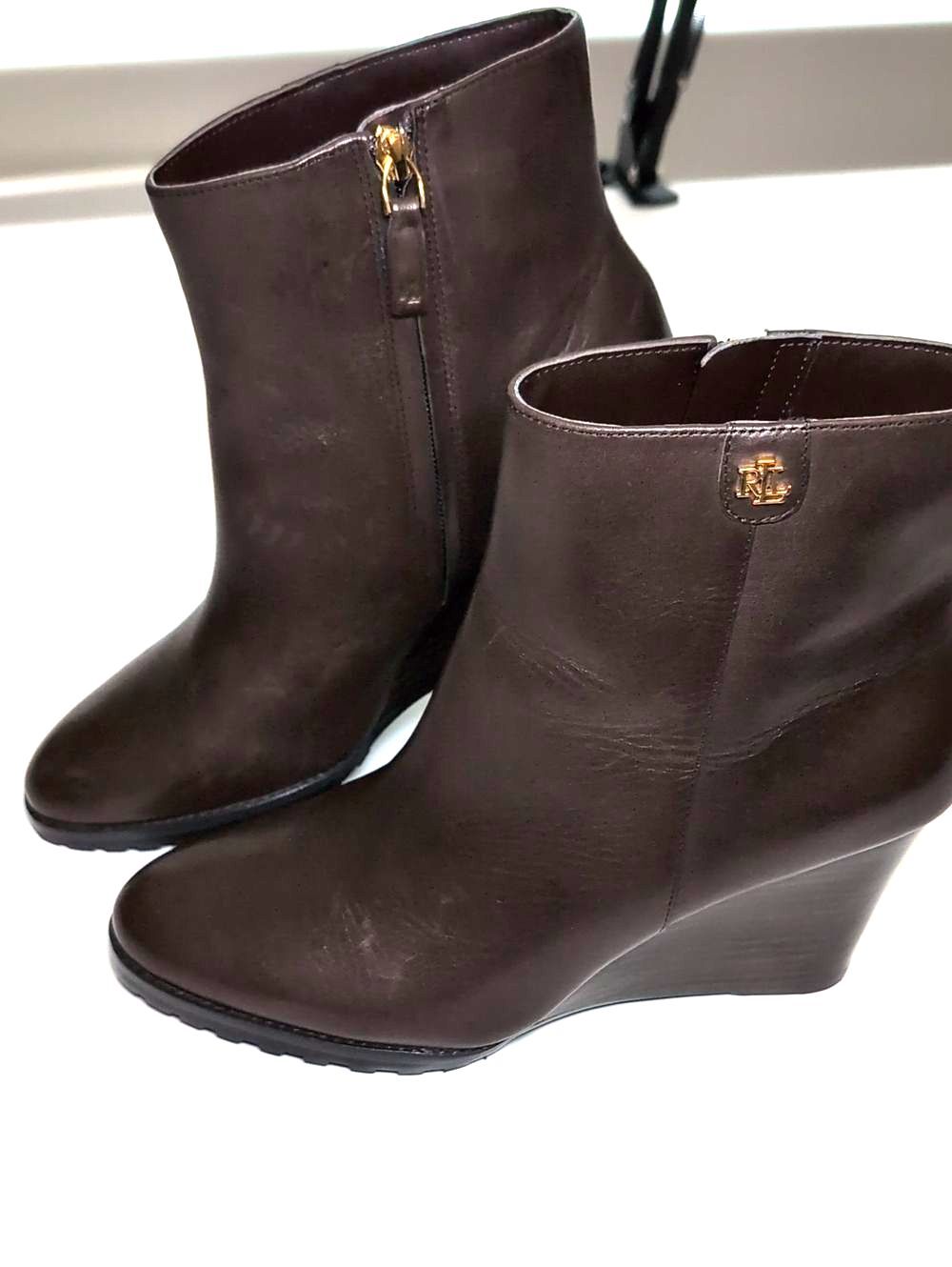 Ralph Lauren Dark Brown Leather Wedge Ankle Boots with Gold Accent
